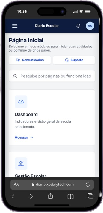 Diário Escolar no celular, exibindo a página inicial com os módulos